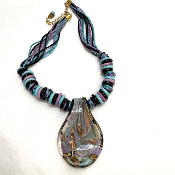 Murano Art Glass Necklace Purple Teal Modern Swirl Pendant Beaded Rope Statement